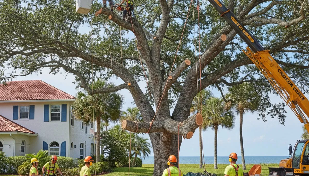 Arborists using bucket truck for large tree removal near homes in Indian Rocks Beach, FL