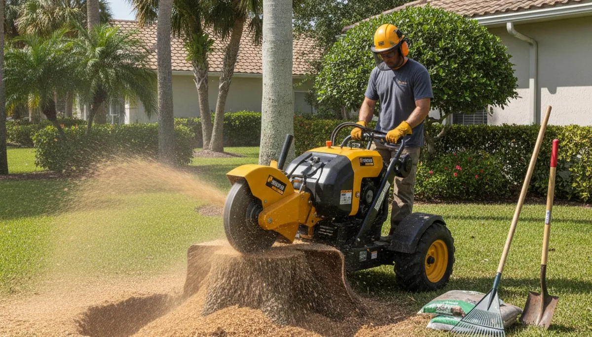 Stump grinding service removing tree stump in Belleair Beach, FL yard by professional tree company