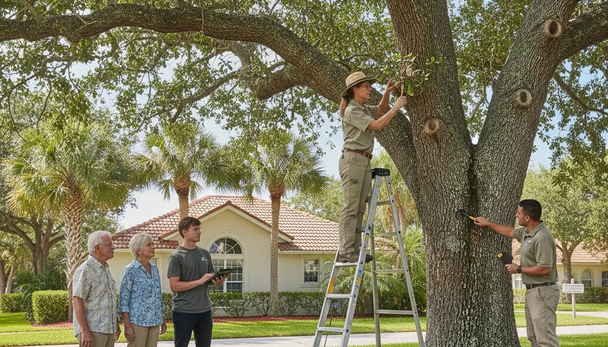 Certified arborist performing tree health assessment in Indian Rocks Beach, FL for safe tree removal