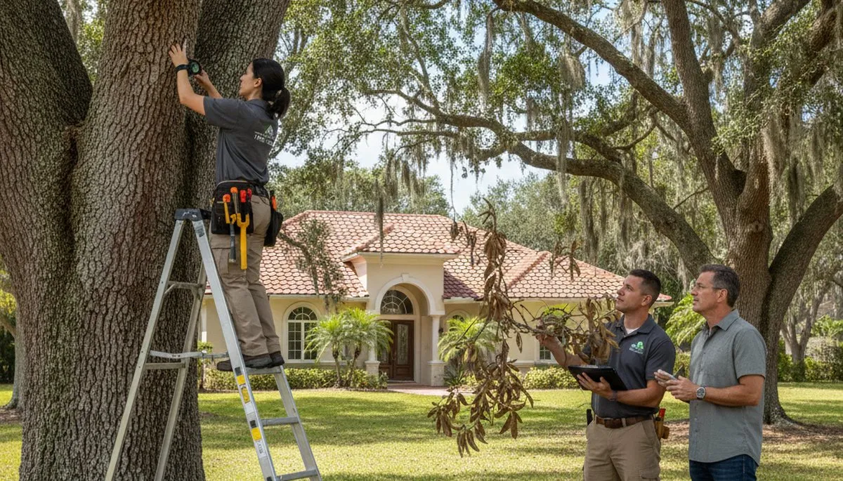 Certified arborist performing tree health assessment for homeowners in Ruskin, near Saint Petersburg FL
