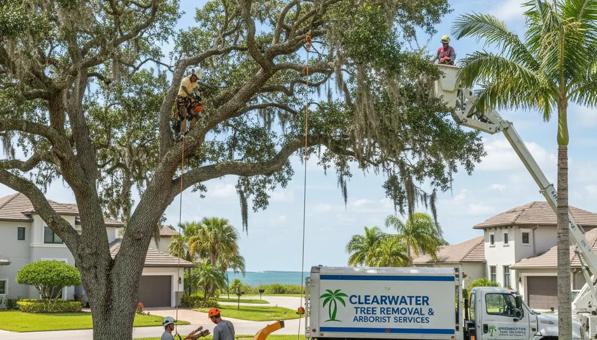 Professional tree removal service in Saint Petersburg FL safely cutting large oak tree