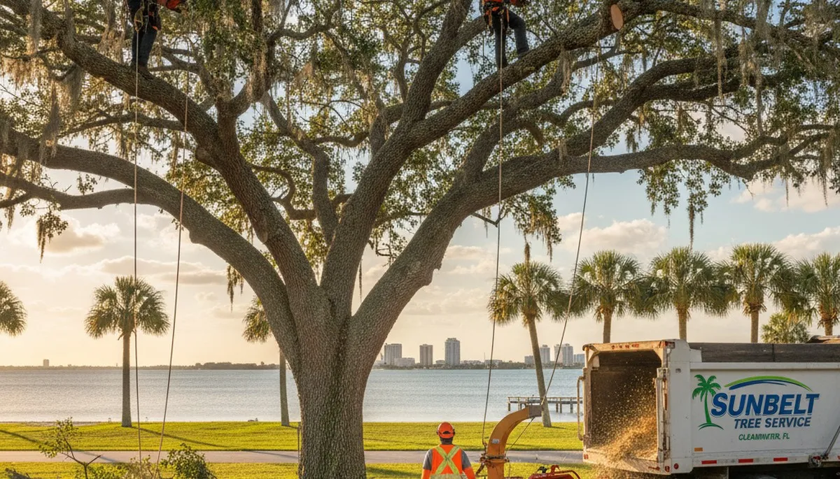 Professional tree removal service in Saint Petersburg FL safely cutting large oak tree