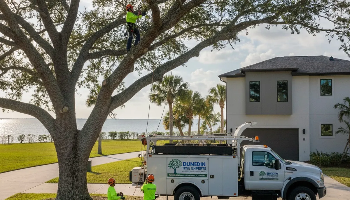 Professional tree removal service crew in Saint Petersburg FL safely clearing large oak trees